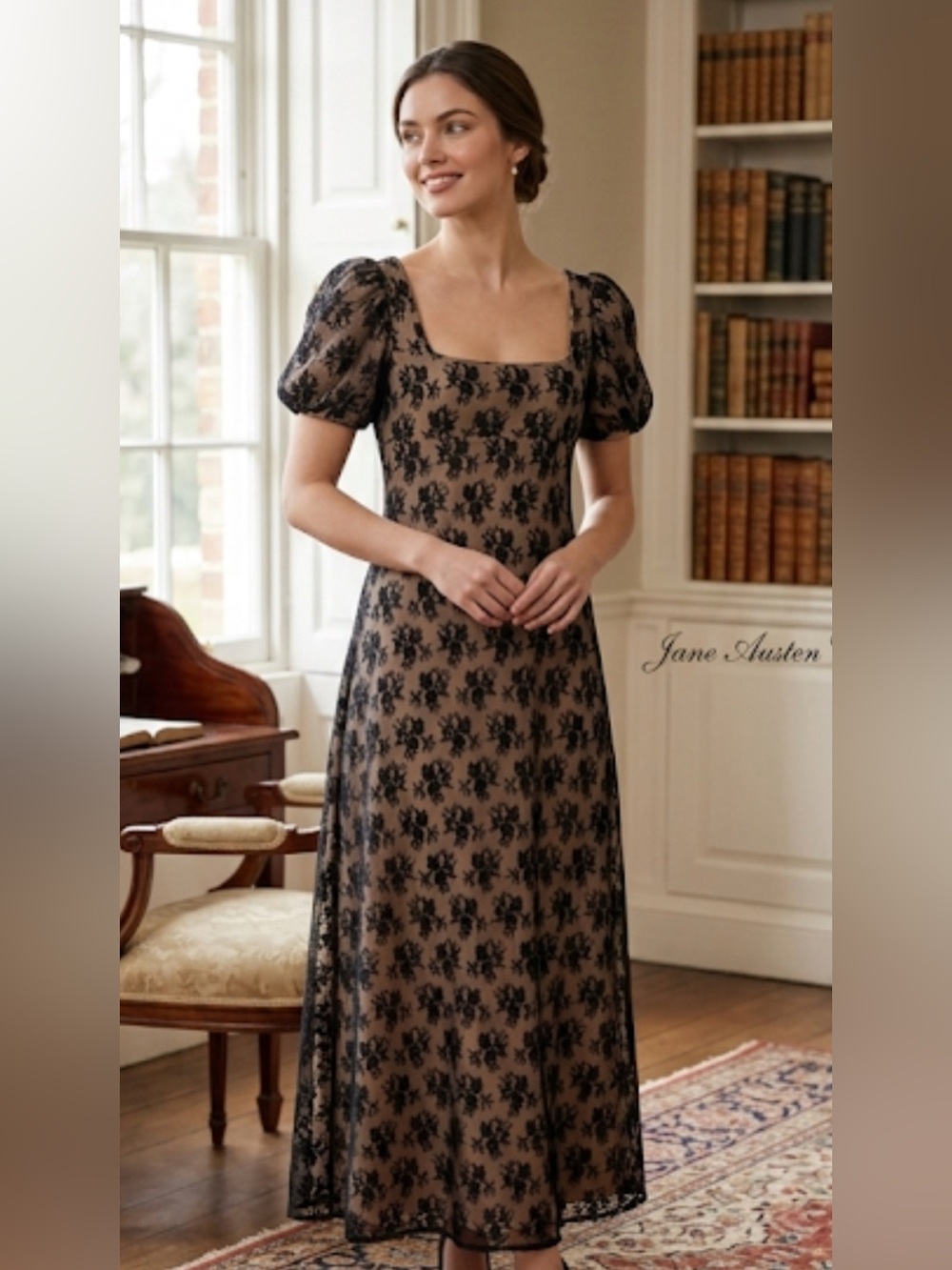 Jane Austin Custom Maxi Black Floral Lace with Nude contrasting Lining